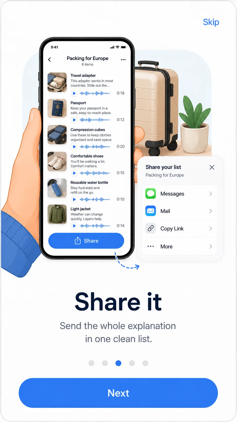 Share it — send the whole explanation in one clean list