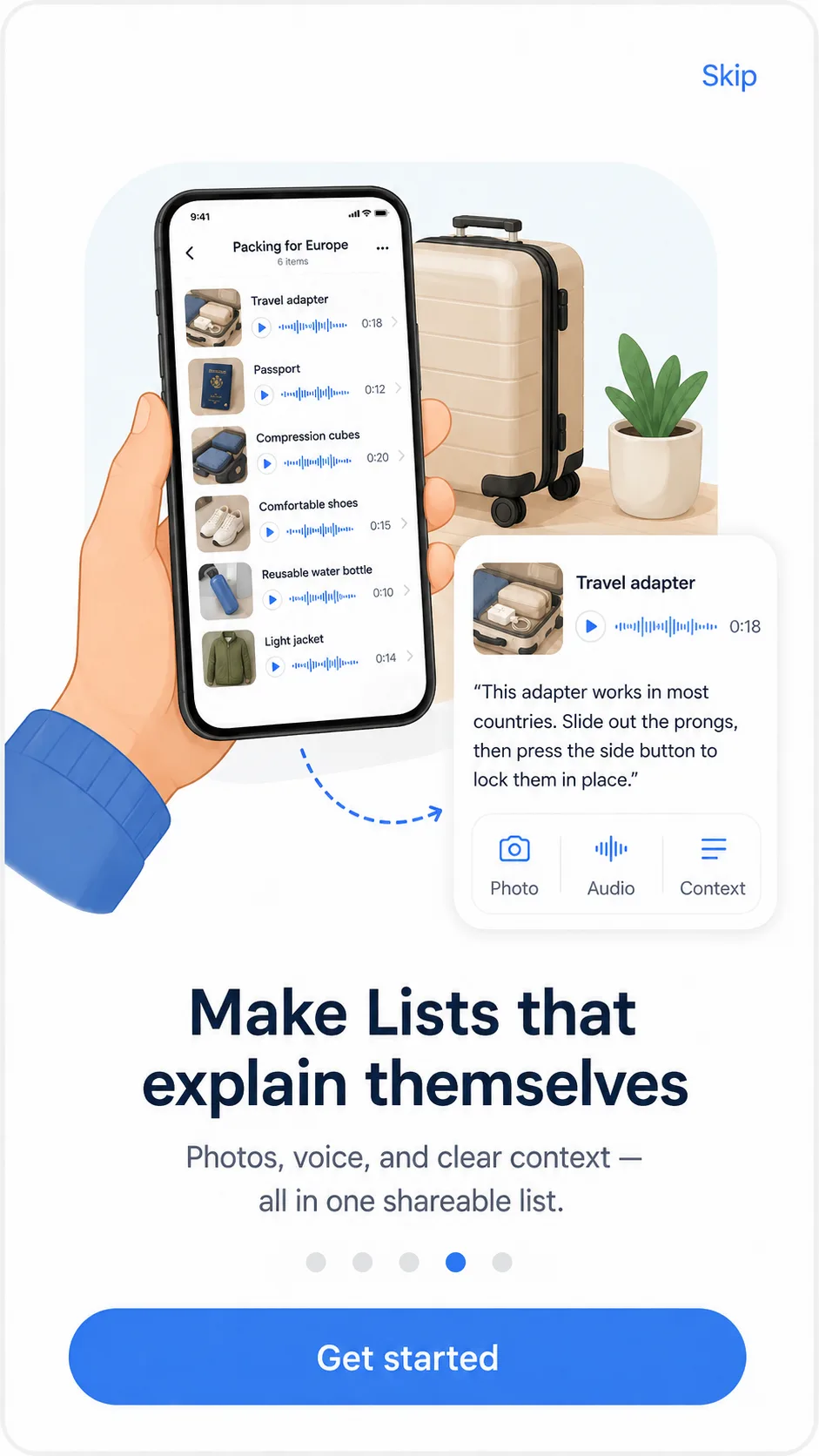 Make lists that explain themselves — photos, voice, and clear context in one shareable list